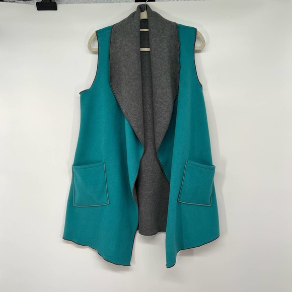 NWT Mia Reis Reversible Knit Pocket Fleece Swing Vest Women's Size S Blue & Gray - Picture 1 of 11
